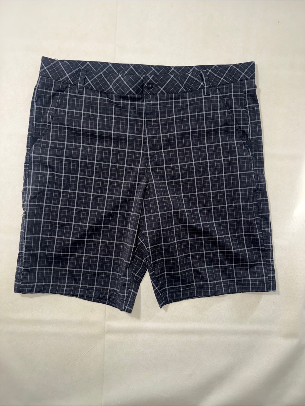 Fila Men's Black and Gray Plaid Flat Front Shorts
